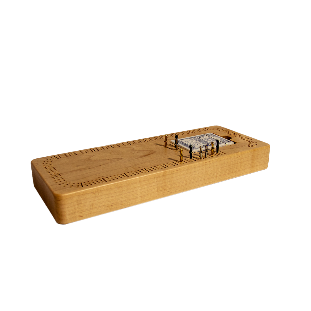 Hardwood Cribbage Board (3 Track, Metal Pegs & Card Housing)