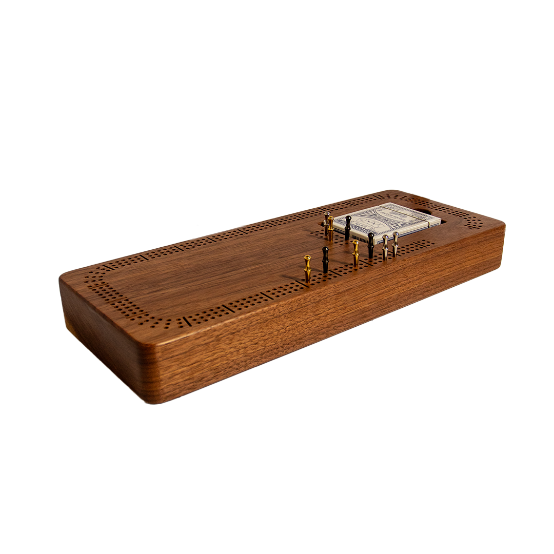 Hardwood Cribbage Board (3 Track, Metal Pegs & Card Housing